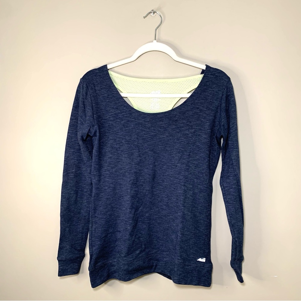 Avia Gray Athletic Workout Top S Long Sleeve Yellow Mesh Racerback Slim Fit Yoga